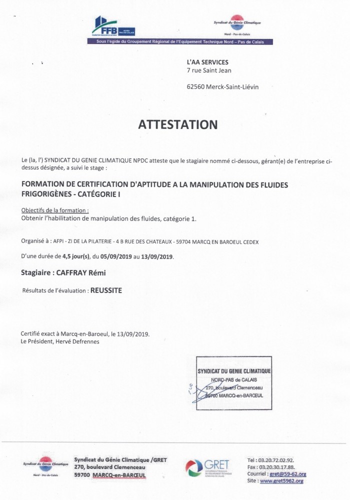 Attestation D'aptitude Fluides Frigorigènes Categorie 1 Validité